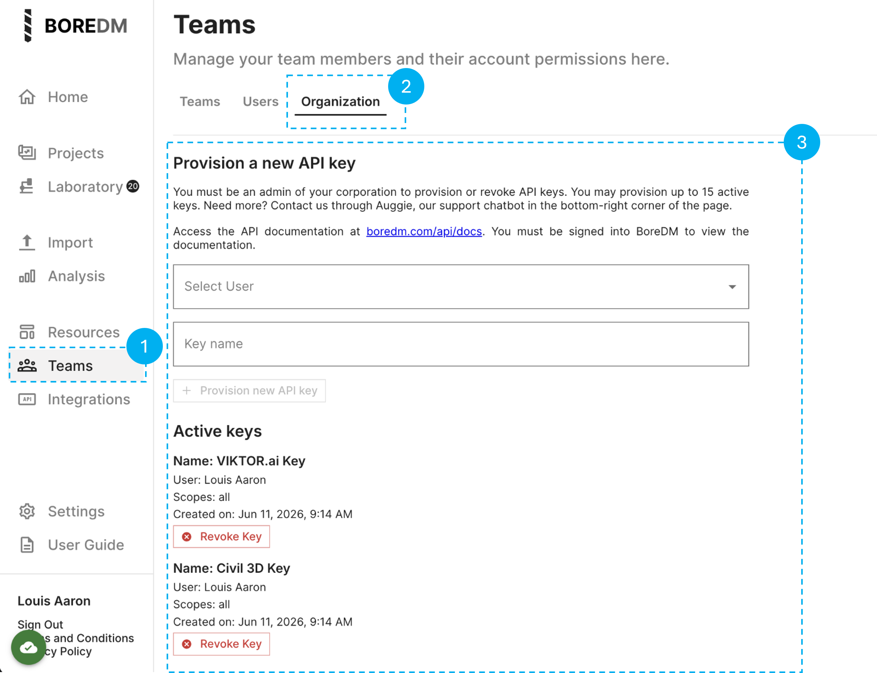 BoreDM API key provisioning interface